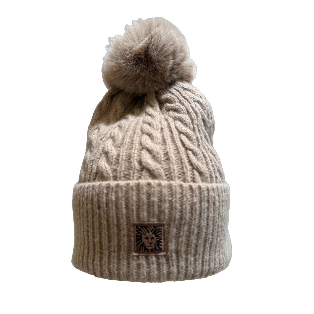 Anne Klein Cable Knit Beanie Hat Tan Taupe Faux Fur Pom Pom Lion Logo Cuff OS